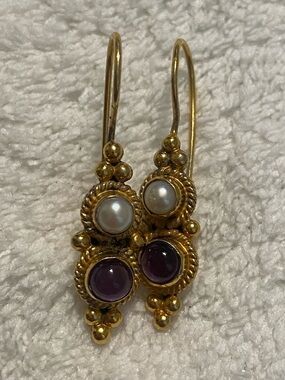 Sterling silver 925 Janice GiraldiGold-Tone Pearl and Purple Stone Drop Earrings